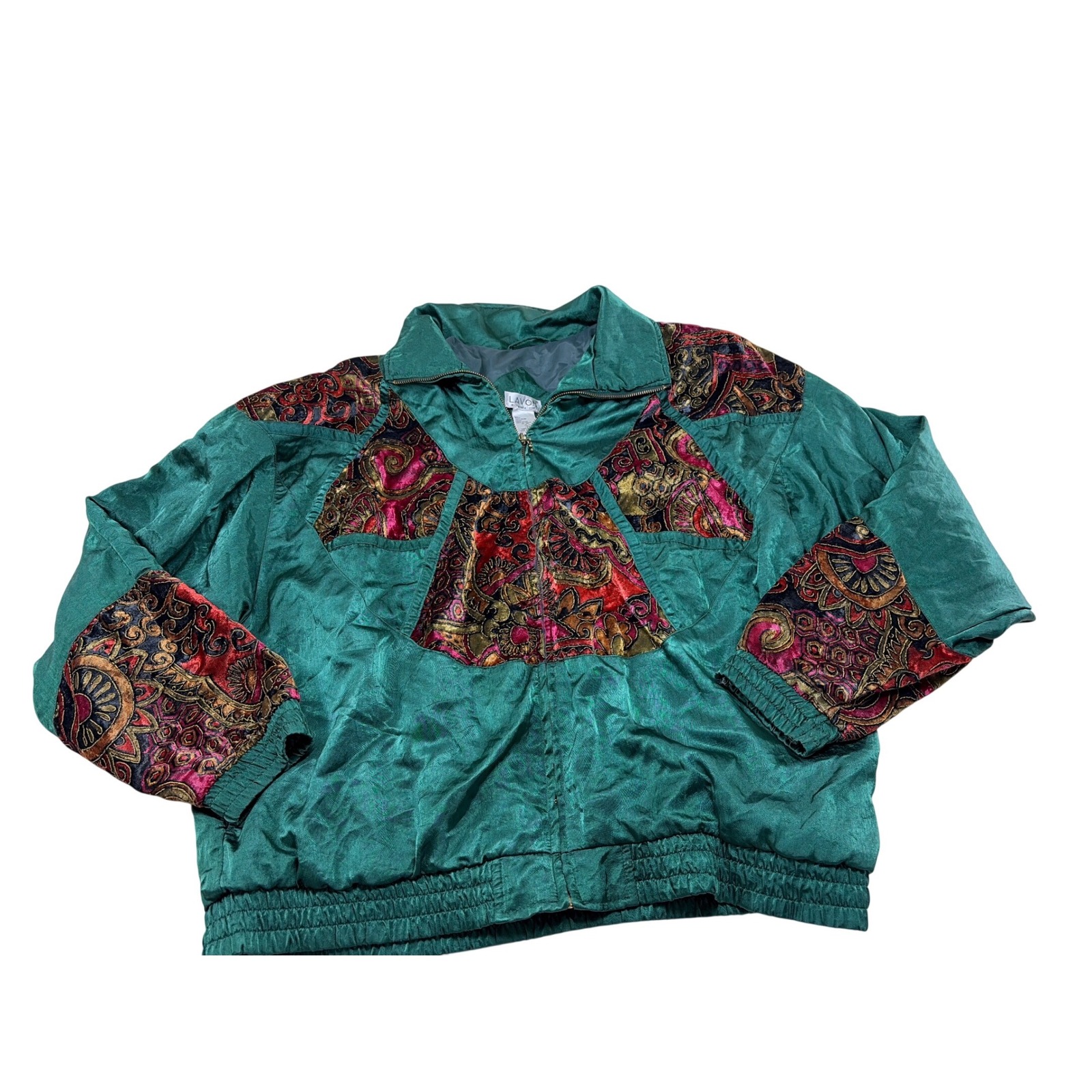 Vintage Lavon Green Nylon Bomber Jacket Velvet Paisley Patchwork Retro Large